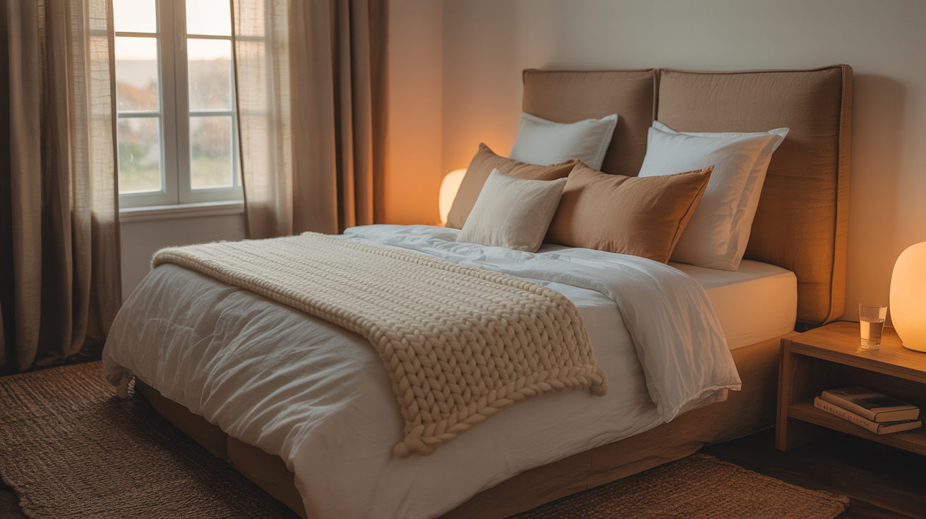 A warmly lit master bedroom with layered neutral bedding, linen curtains, and a jute rug creating a calm retreat atmosphere