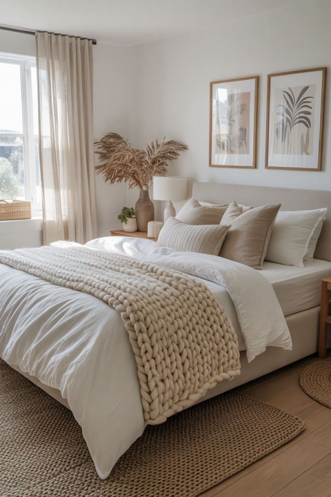 A king-size bed with layered white cotton sheets, oat linen duvet, chunky knit throw, and mixed neutral pillows in a bright master bedroom