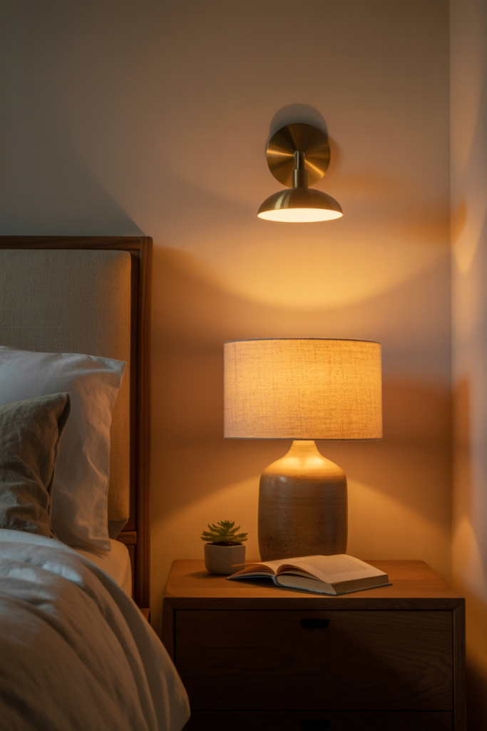 A cozy master bedroom corner at dusk with a warm glowing bedside table lamp, wall sconce, and dimmer-controlled ambient lighting creating a relaxing atmosphere