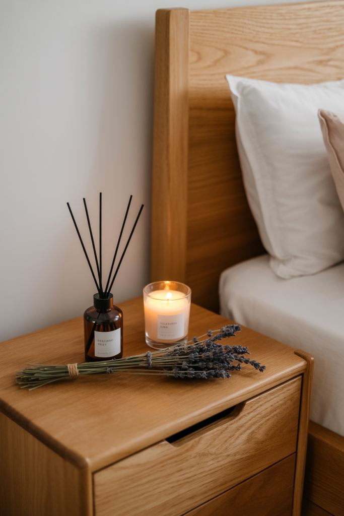 A wooden nightstand in a master bedroom styled with a reed diffuser, an unlit soy candle, and dried lavender stems creating a calm and fragrant bedroom atmosphere