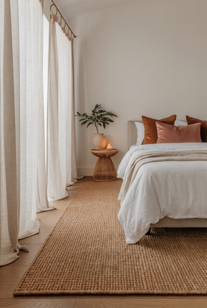 A master bedroom layered with a jute area rug, floor-length linen curtains, velvet throw pillow, and rattan side table adding warmth and natural texture