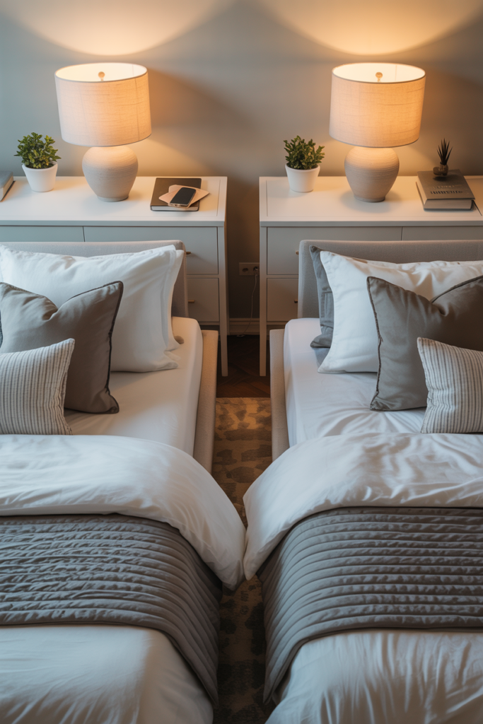 Symmetrical couples bedroom with matching white nightstands and personalized bedside items on each side