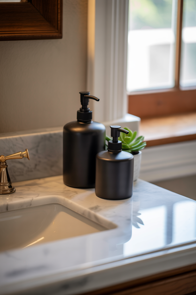 Matte black ceramic soap dispenser and lotion pump on white marble countertop with small green succulent