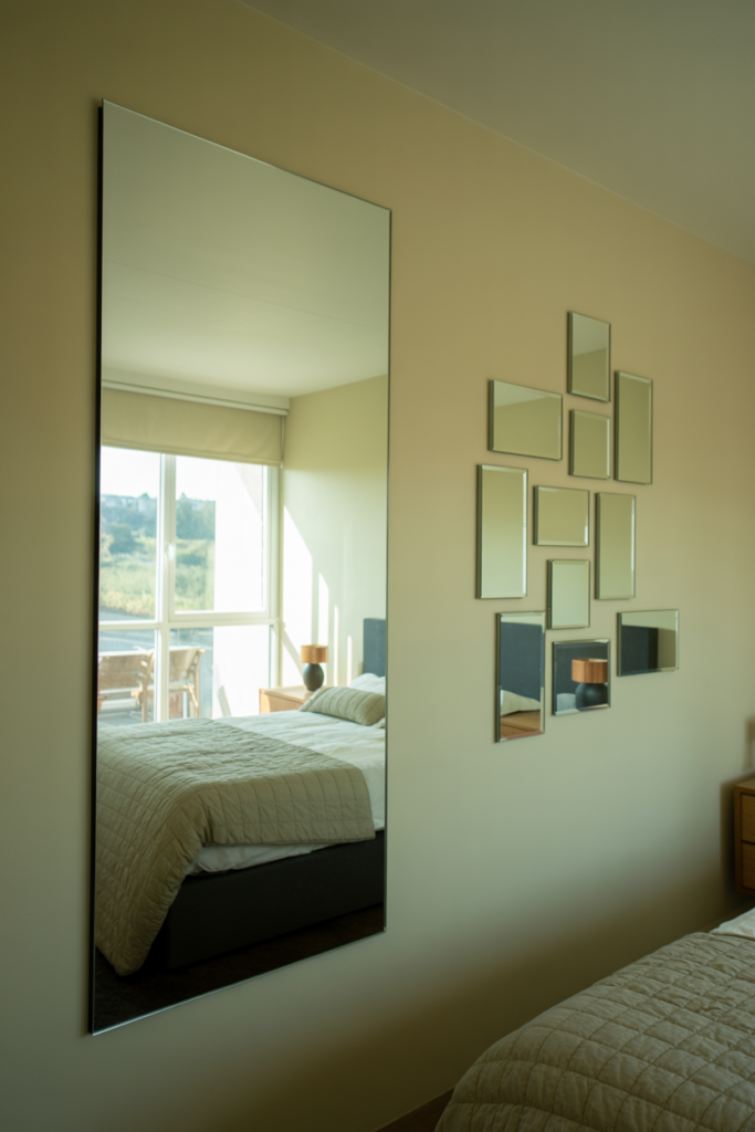 Large full-length mirror on one wall and a gallery of smaller mirrors in an asymmetric pattern on another wall in a small bedroom reflecting natural light and creating the illusion of a much larger space