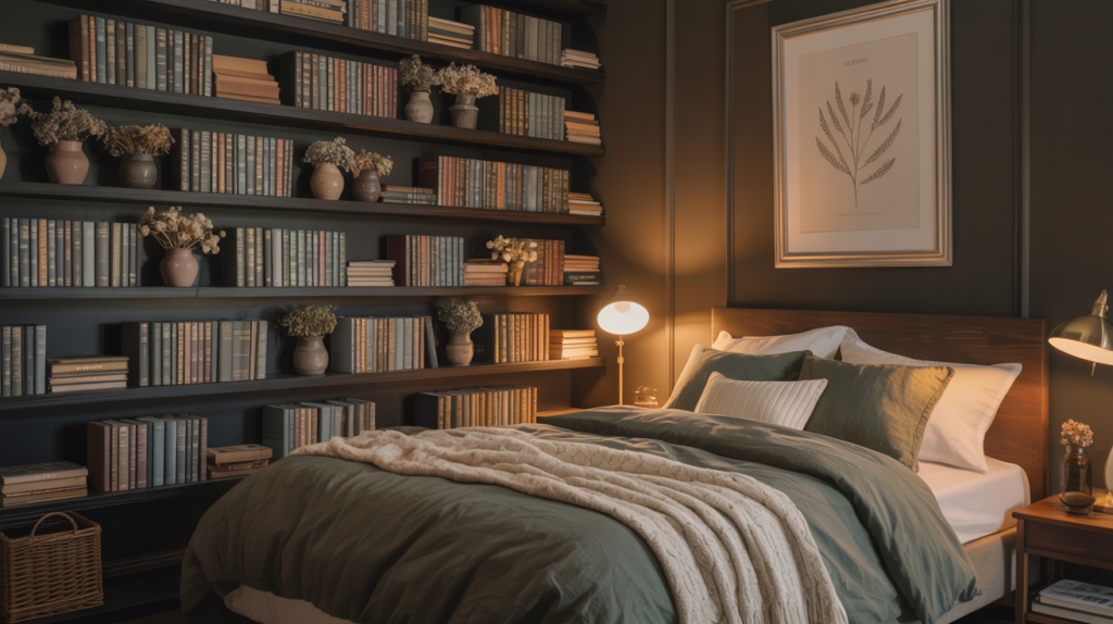 Mixed bedroom aesthetics for teen girls blending dark academia bookshelves with cottagecore dried flowers