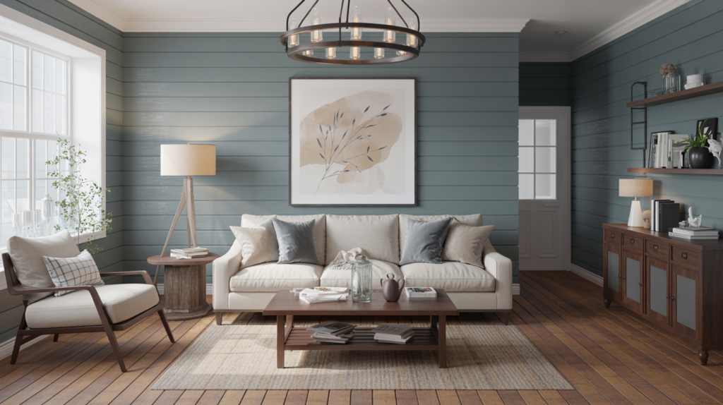 Modern farmhouse living room with dusty blue walls, shiplap accents, cream linen sofa, and warm wood furniture