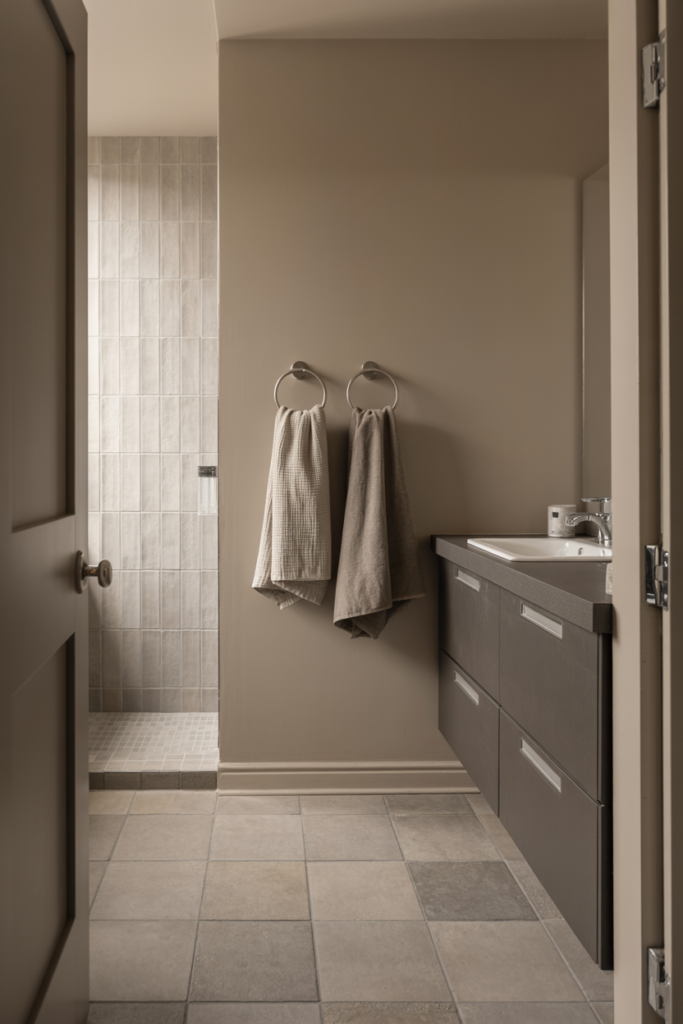 An all-grey monochromatic basement bathroom with warm grey painted walls, grey large-format floor tiles, a charcoal floating vanity, and grey linen towels creating a cohesive and sophisticated look