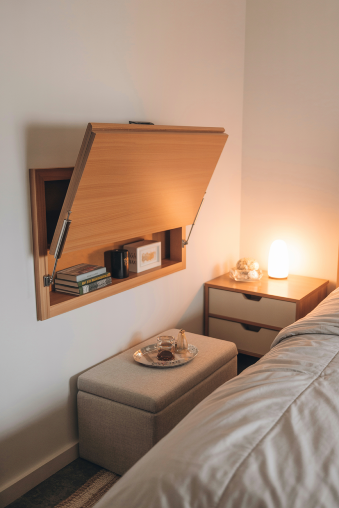  Small bedroom with a fold-down wall-mounted desk, storage ottoman at the foot of the bed, and a slim bedside table showing smart multi-functional furniture choices