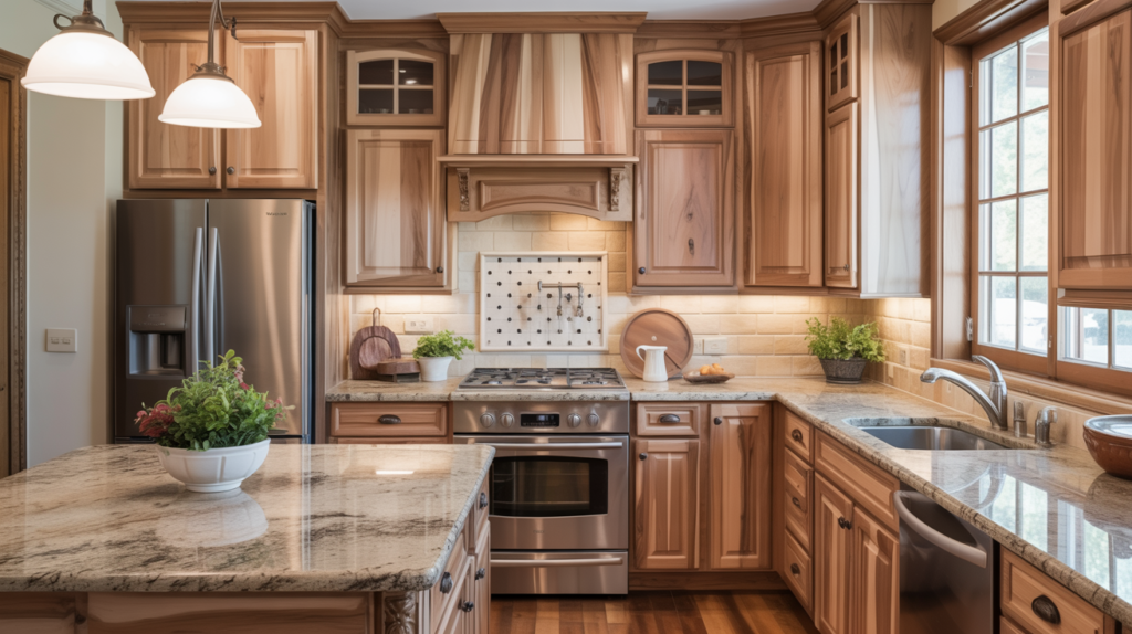Natural finish hickory kitchen cabinets showing bold grain variation with brushed nickel hardware and granite countertop