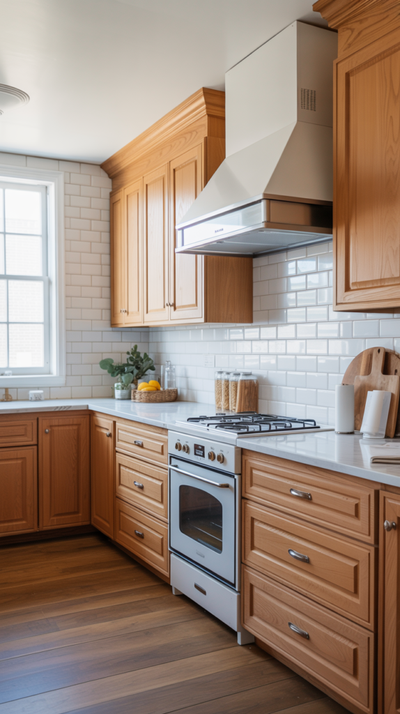 Natural oak kitchen cabinets paired with white marble countertops and subway tile backsplash in a bright kitchen