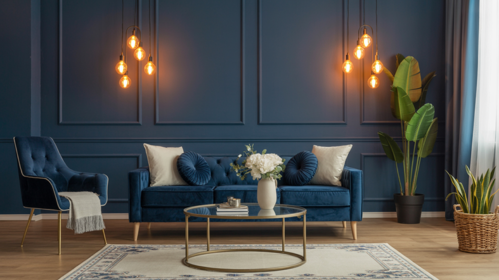 Navy blue living room featuring a velvet sofa, brass coffee table, ivory rug, and warm Edison bulb lighting
