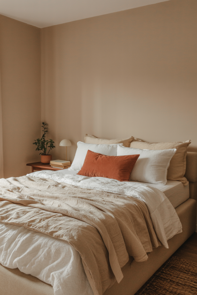 Neutral couples bedroom with personal bedside touches including terracotta accent pillow and potted plant