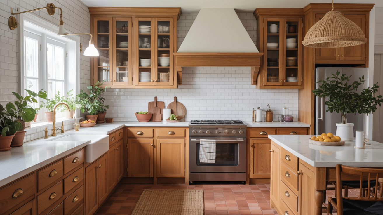 Warm natural oak kitchen cabinets with white countertops and brass hardware in a real home kitchen