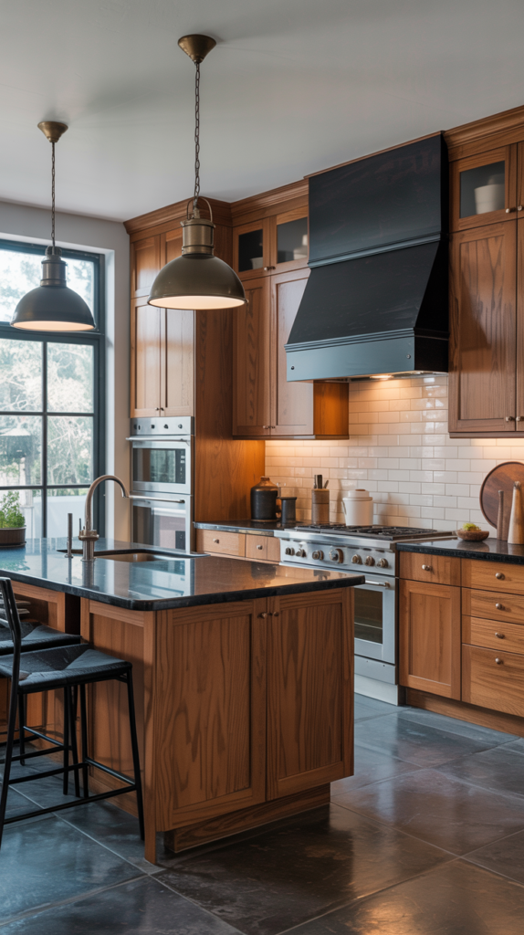 Warm oak kitchen cabinets with matte black granite countertops and industrial pendant lights in a bold modern kitchen