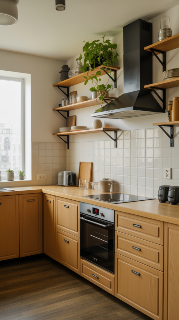 Natural oak kitchen cabinets combined with open wooden shelving displaying dishes and plants in a cozy kitchen
