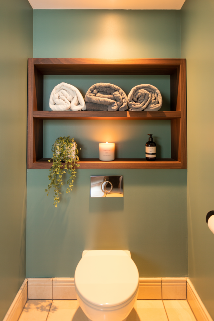 Two floating walnut wood open shelves above a wall-mounted toilet on a sage green wall in a basement bathroom holding neatly rolled towels, a trailing plant, and minimal decor