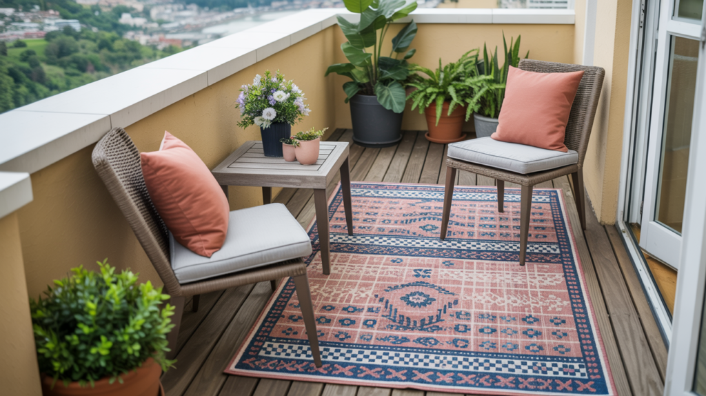 Colorful outdoor rug on a small balcony defining the seating area on a budget