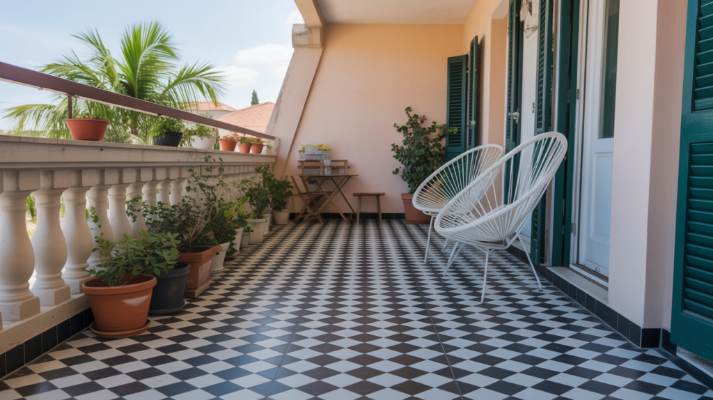 Gray interlocking deck tiles refreshing a small balcony floor on a budget