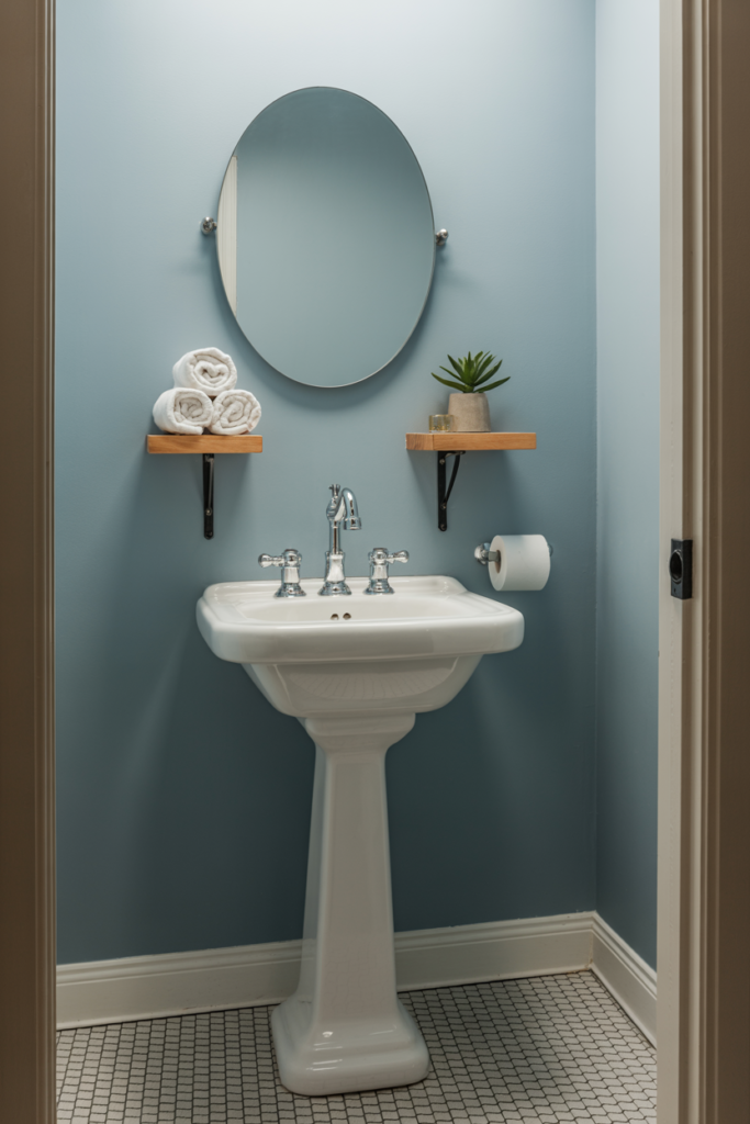 A small basement powder room with a white ceramic pedestal sink, dusty blue walls, black and white hexagon floor tiles, and light oak floating shelves holding towels and a plant