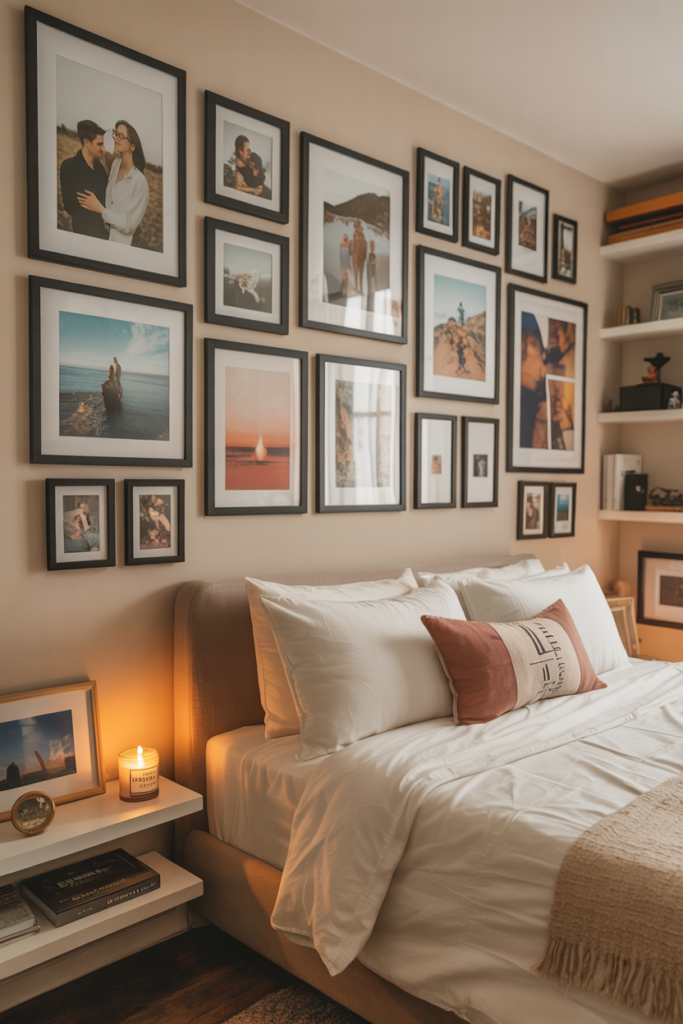 Personalized couples bedroom with gallery wall of framed photos and travel prints above the bed