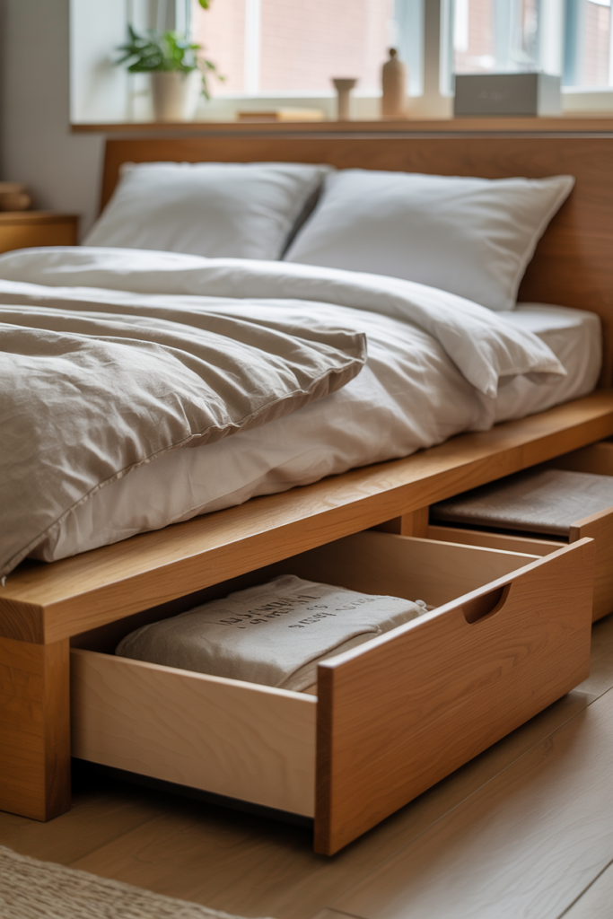 Low-profile oak platform bed with built-in pull-out storage drawers on both sides in a minimal Scandinavian small bedroom