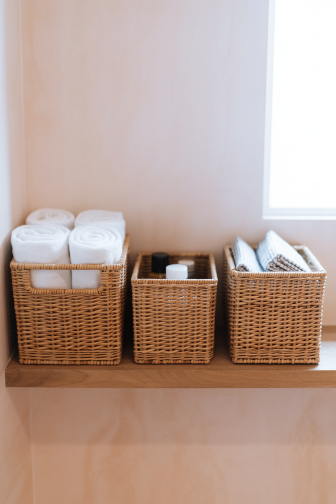 Three matching rattan storage baskets on a wooden bathroom shelf holding rolled towels and toiletry items