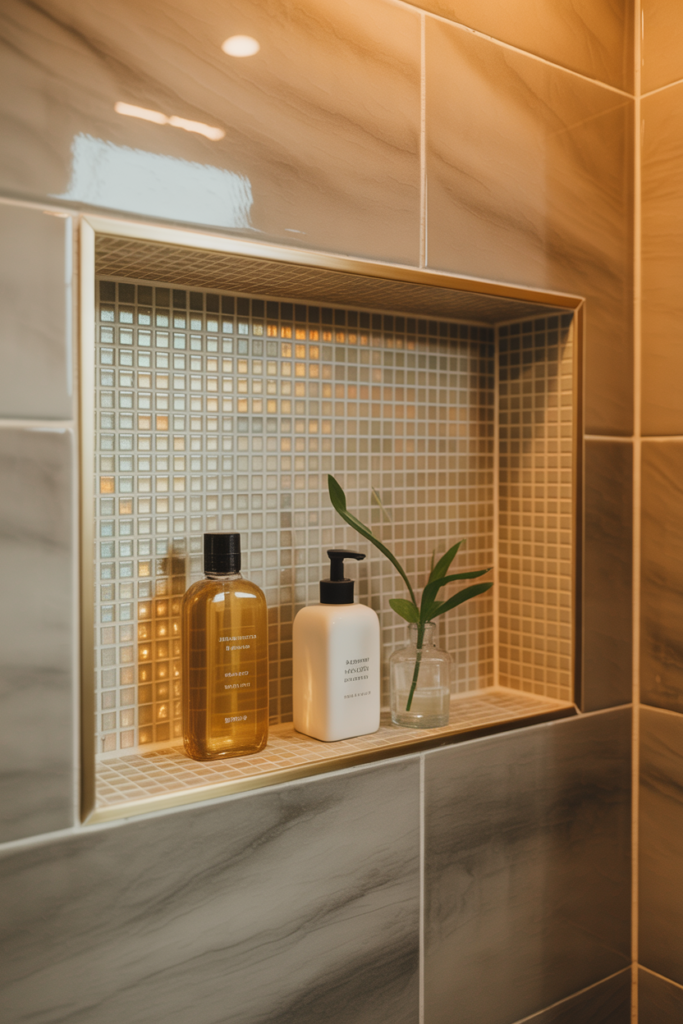 A recessed shower niche lined with iridescent gold and cream glass mosaic tiles set into a greige porcelain shower wall with brushed brass edge trim and neatly arranged product bottles
