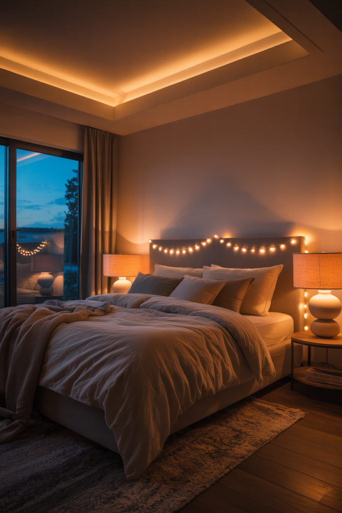 Romantic couples bedroom with layered lighting including bedside lamps, dimmed ceiling lights, and warm fairy lights