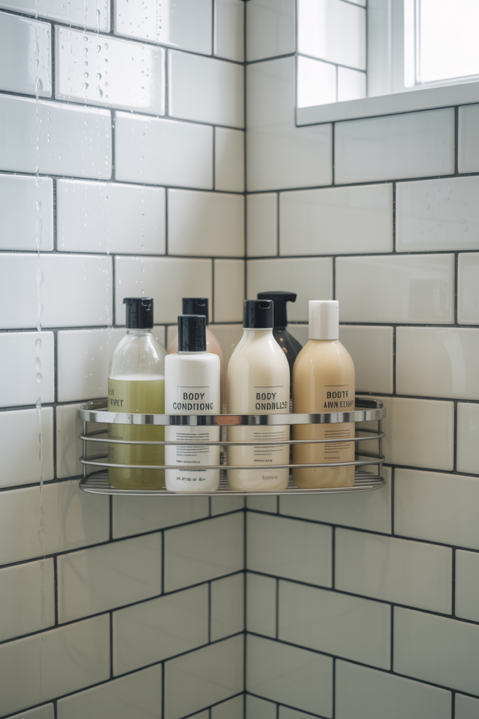 Stainless steel corner shower caddy holding shampoo and conditioner bottles inside a clean white tiled shower