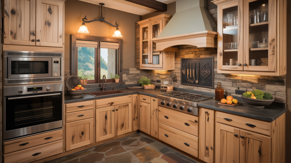 Rustic knotty hickory kitchen cabinets with visible knots and grain variation, wrought iron hardware, and stone backsplash