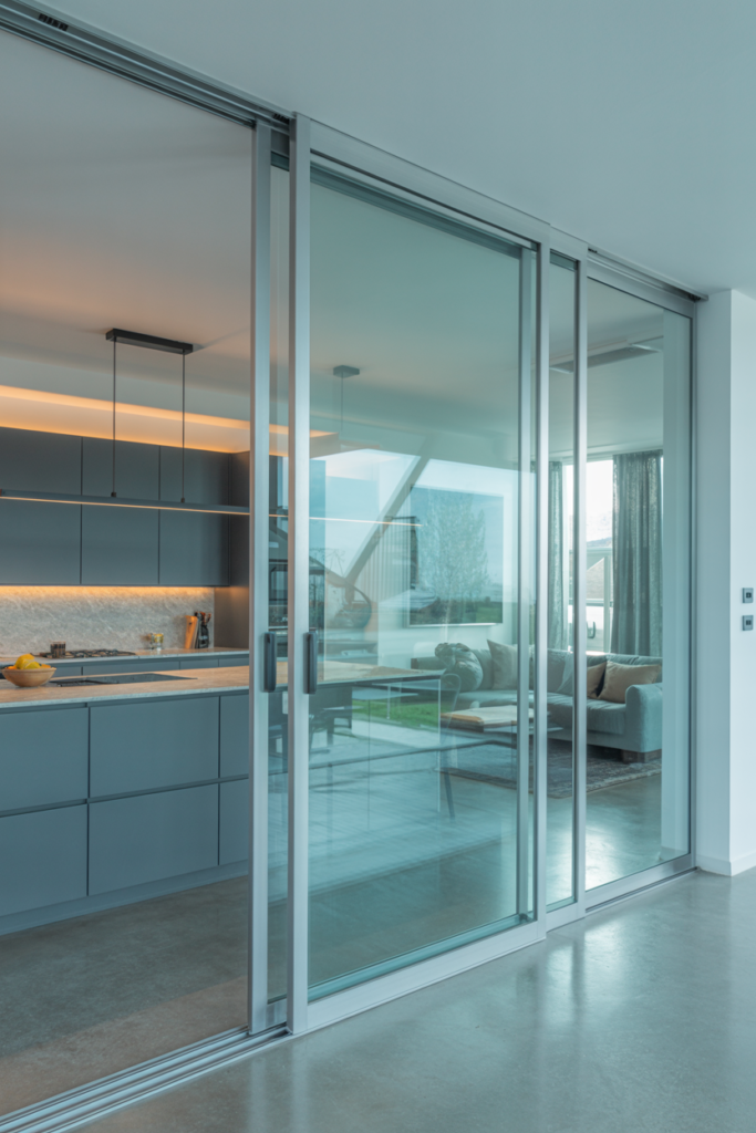 Sliding Glass Kitchen Partition Between Kitchen and Living Room