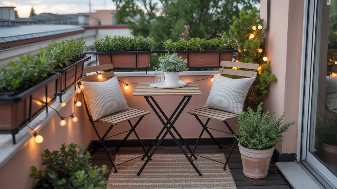 Small balcony makeover on a budget with bistro table, string lights, and potted plants