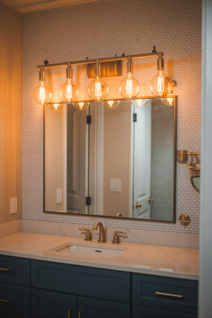 A five-bulb antique brass Edison bar light above a large vanity mirror in a basement bathroom with a navy blue floating vanity, brushed gold hardware, and zellige tile wall