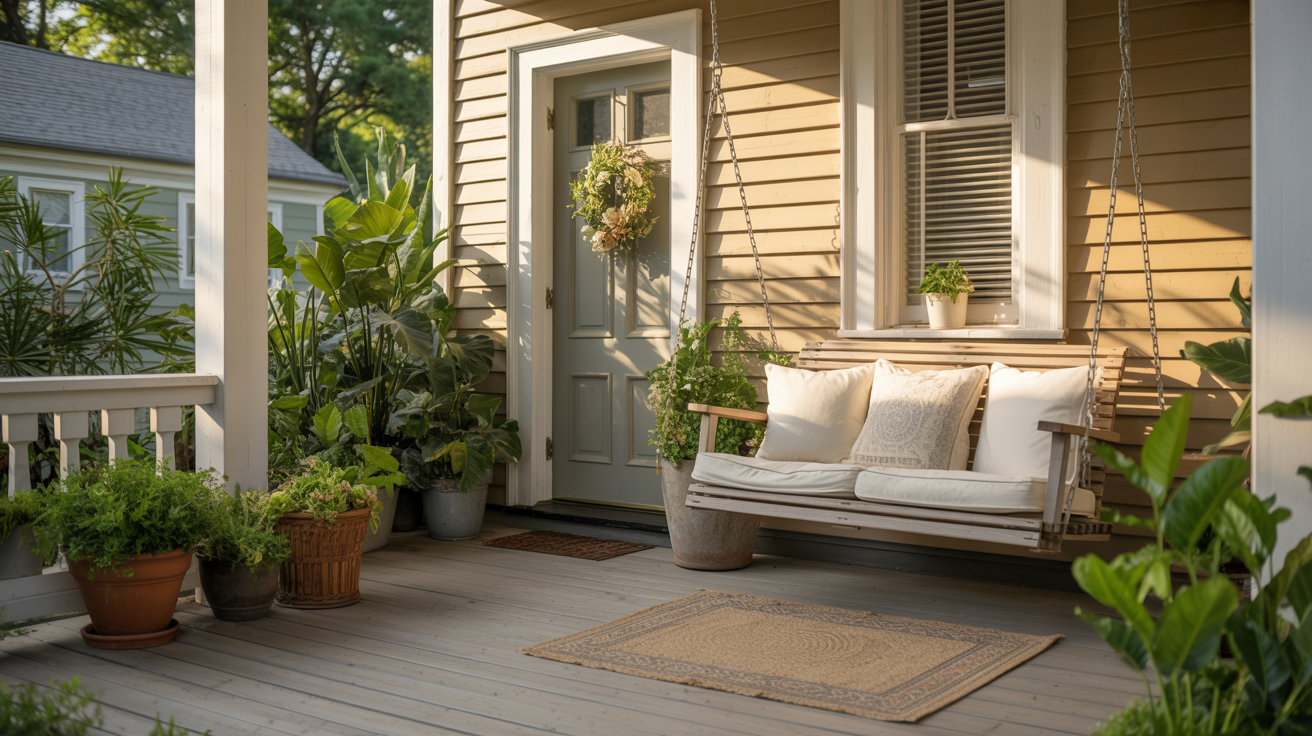 Summer front porch ideas by style featuring a wooden swing, white cushions, and potted plants in warm afternoon light