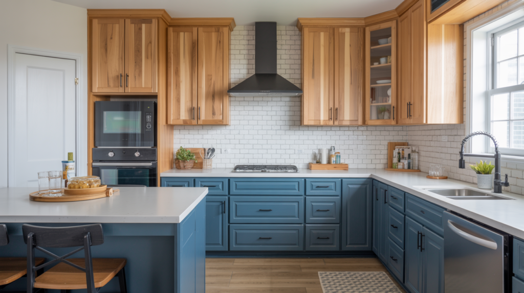 Two-tone kitchen with natural hickory upper cabinets and navy blue lower cabinets with matte black hardware and white quartz countertop