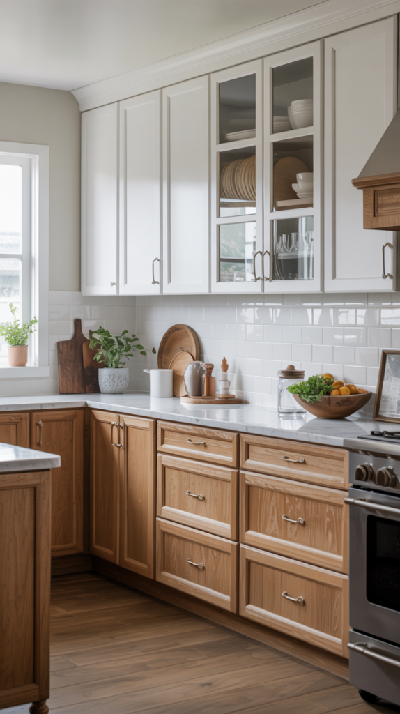Two-tone kitchen design with natural oak lower cabinets and white upper cabinets with brushed nickel hardware