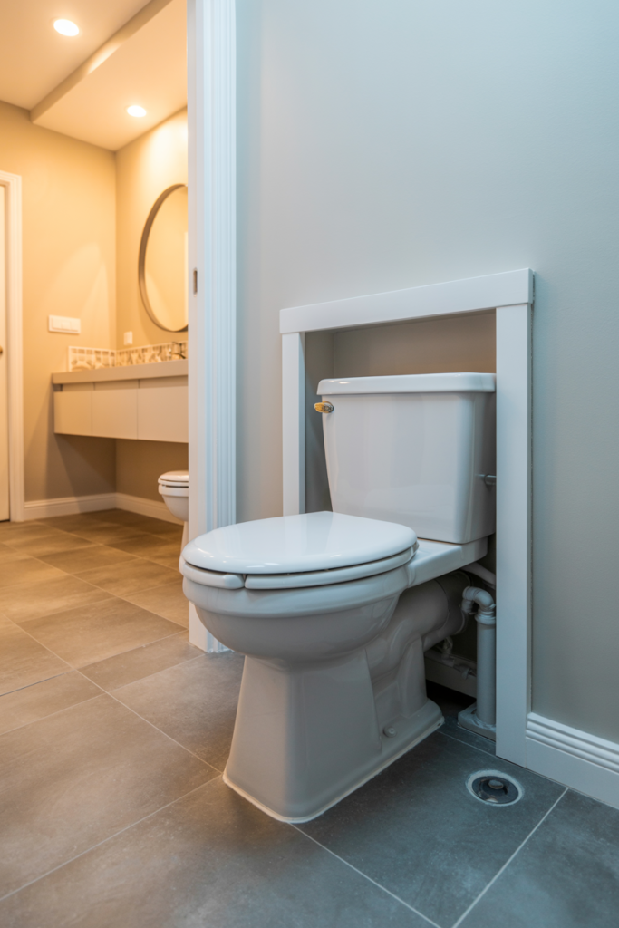 A white upflush macerating toilet with a concealed unit inside a built-in cabinet surround in a finished basement bathroom with grey porcelain tiles and a floating vanity