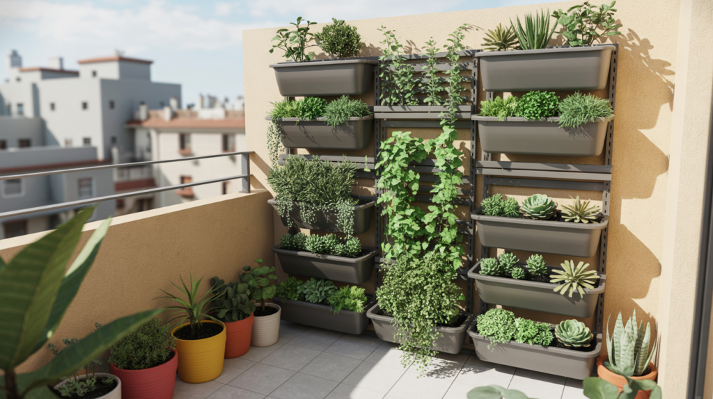 Vertical garden with herbs and trailing plants on a small balcony on a budget