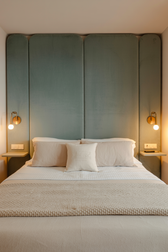  Soft grey upholstered wall-mounted headboard in a small bedroom with brass sconce lights and minimal floating bedside shelves