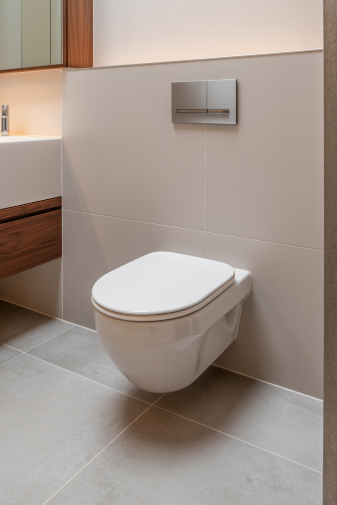 A sleek wall-mounted toilet floating above large-format grey porcelain tiles in a modern basement bathroom with a concealed in-wall tank and recessed flush plate