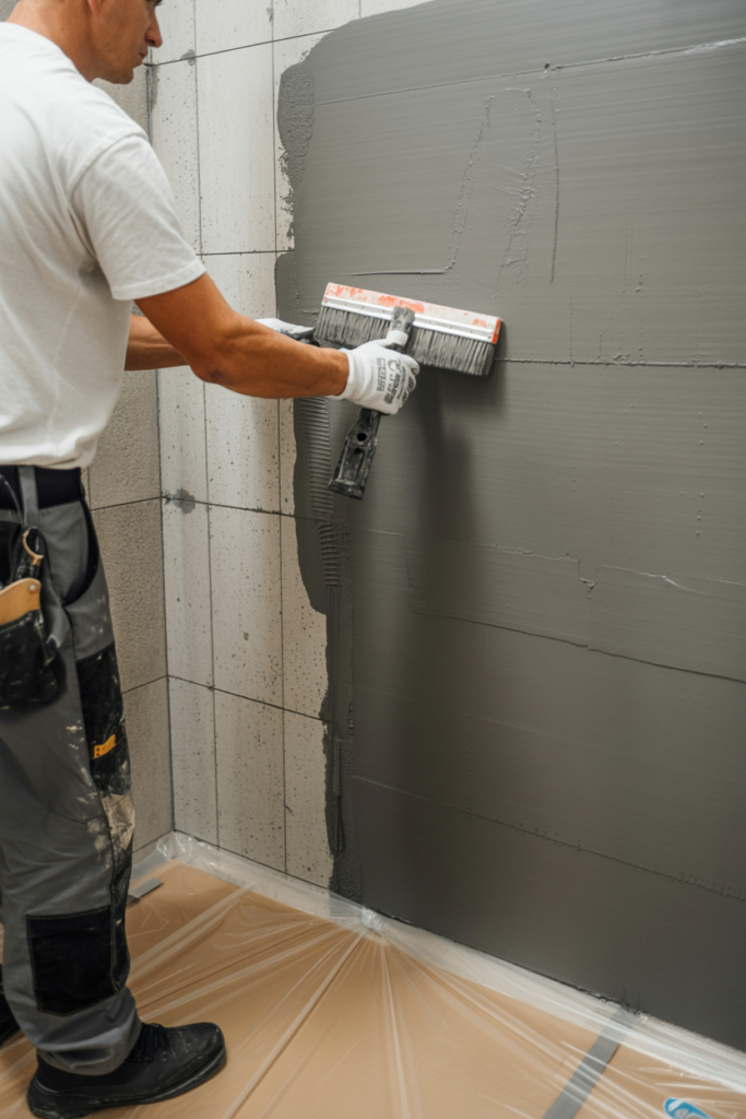 Person applying waterproofing membrane to basement bathroom shower wall over cement backer board