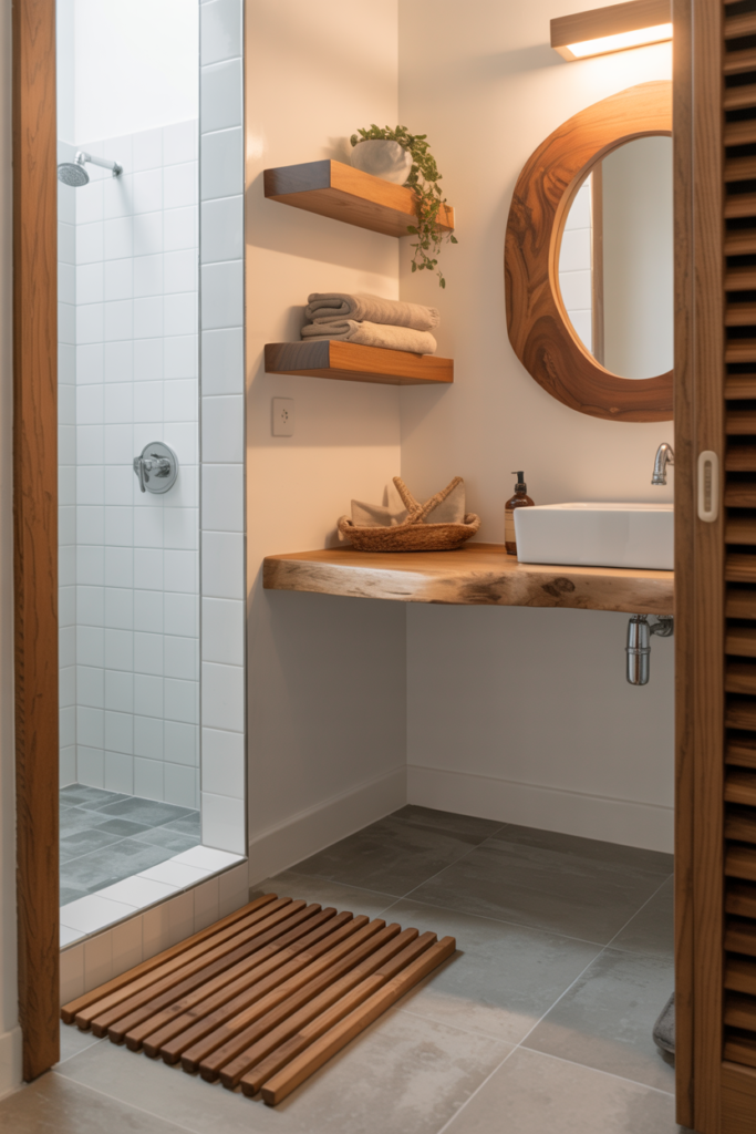 A white and grey basement bathroom warmed with natural wood accents including a teak bath mat, walnut framed mirror, oak floating shelves, and a live-edge vanity countertop detail