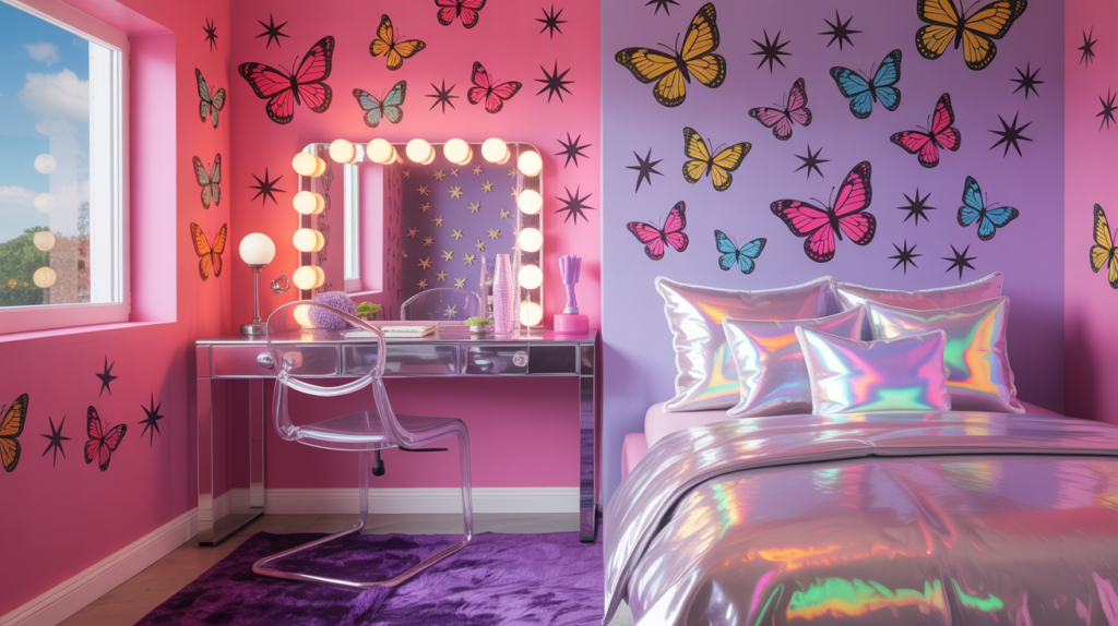 Y2K bedroom ideas for teen girls with holographic accents butterfly decor and bold pink colors