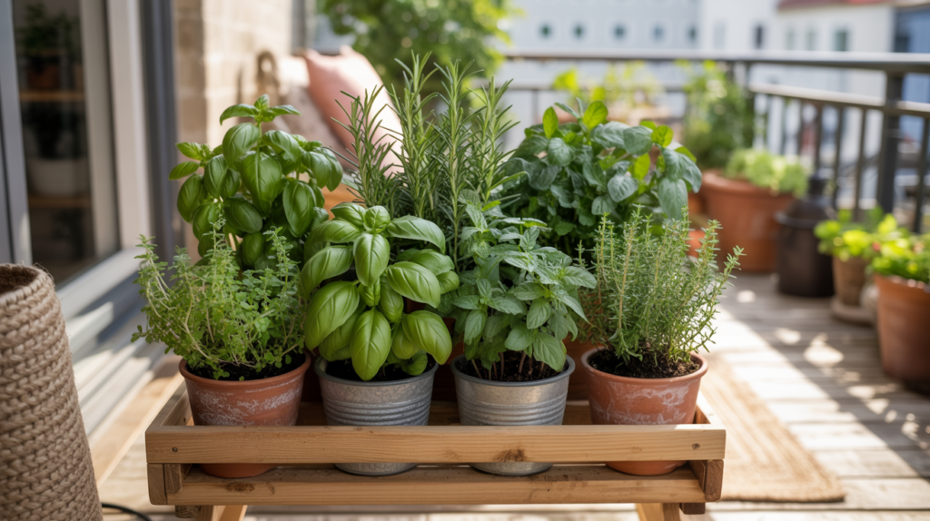 Fresh herbs in terracotta pots on a sunny boho apartment balcony garden shelf