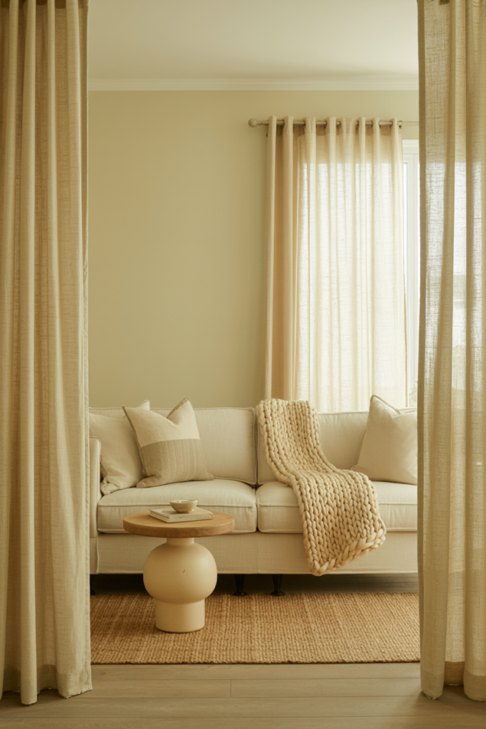 Tonal ivory living room layered with cream linen sofa, chunky knit throw, oatmeal wool rug and ivory ceramic lamp