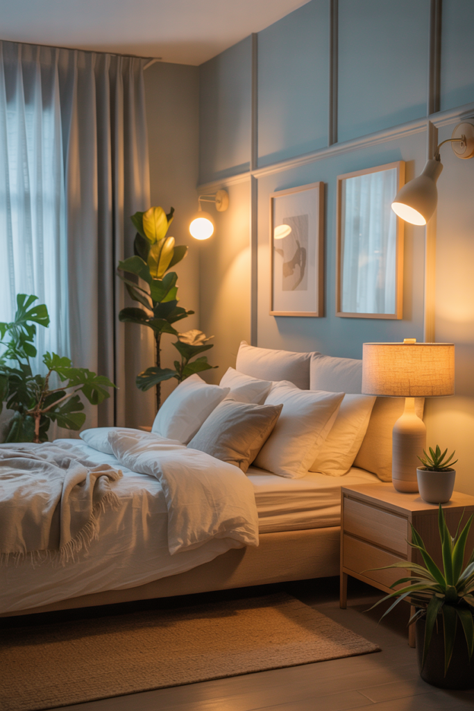 Cozy bedroom interior showing elements of comfort including soft natural fabric bedding, warm diffused lighting, minimal clutter, and potted plants for a relaxing atmosphere