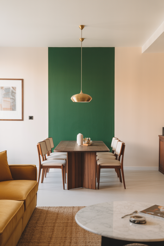 Deep green accent wall behind dining table dividing living room and dining room zones in open-plan home without walls
