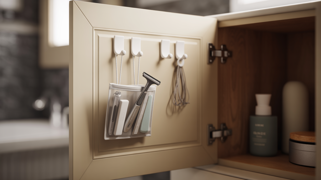 Adhesive hooks on inside of bathroom cabinet door for under sink storage