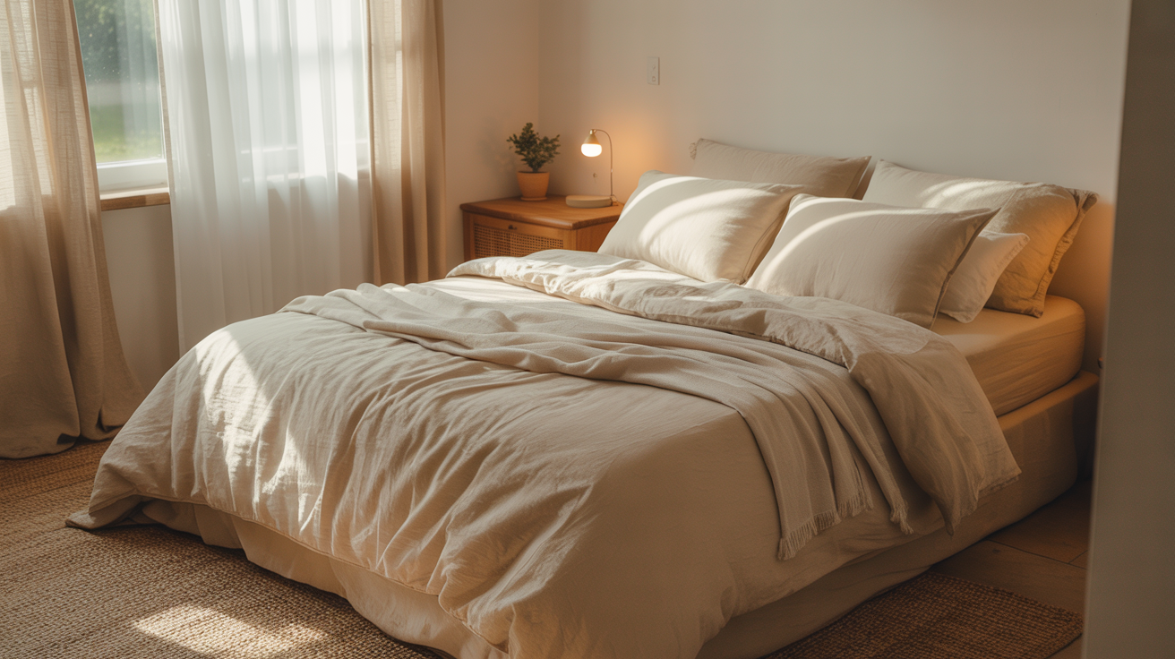 Aesthetic bedroom design that looks expensive on a budget with neutral tones and natural lighting