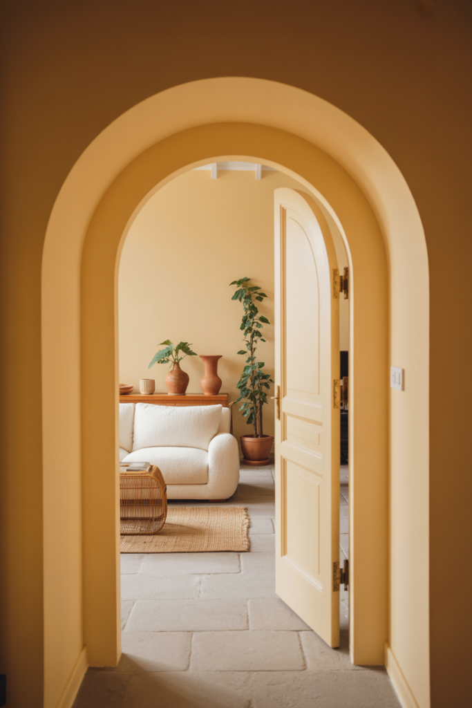 Cream arched interior door leading into a bohemian living room with boucle sofa and terracotta pots